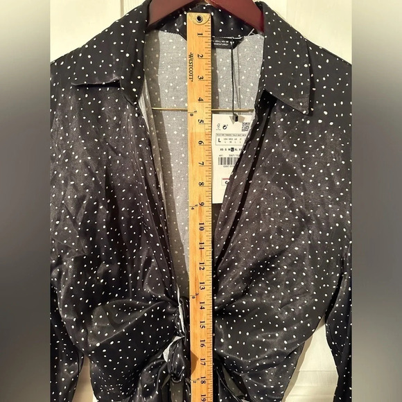 NWT ZARA Black Blouse White Mini Polka Dots Long Sash Wrap Top Collar LARGE - Picture 12 of 12